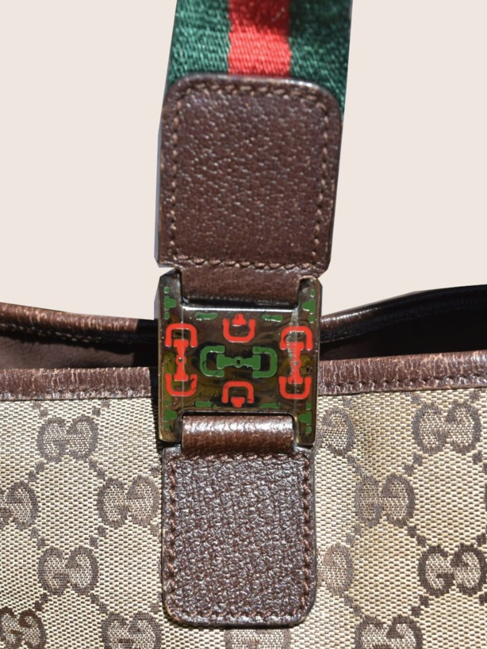 Gucci GG Canvas Web Stripe Tote Bag Vintage Brown Monogram Italy - Picture 8 of 16